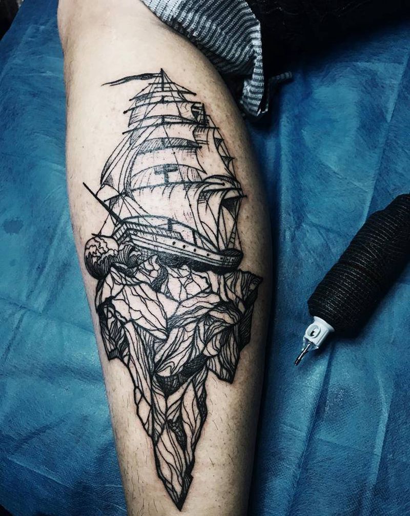 帆船纹身图片_腿部New School纹身图案