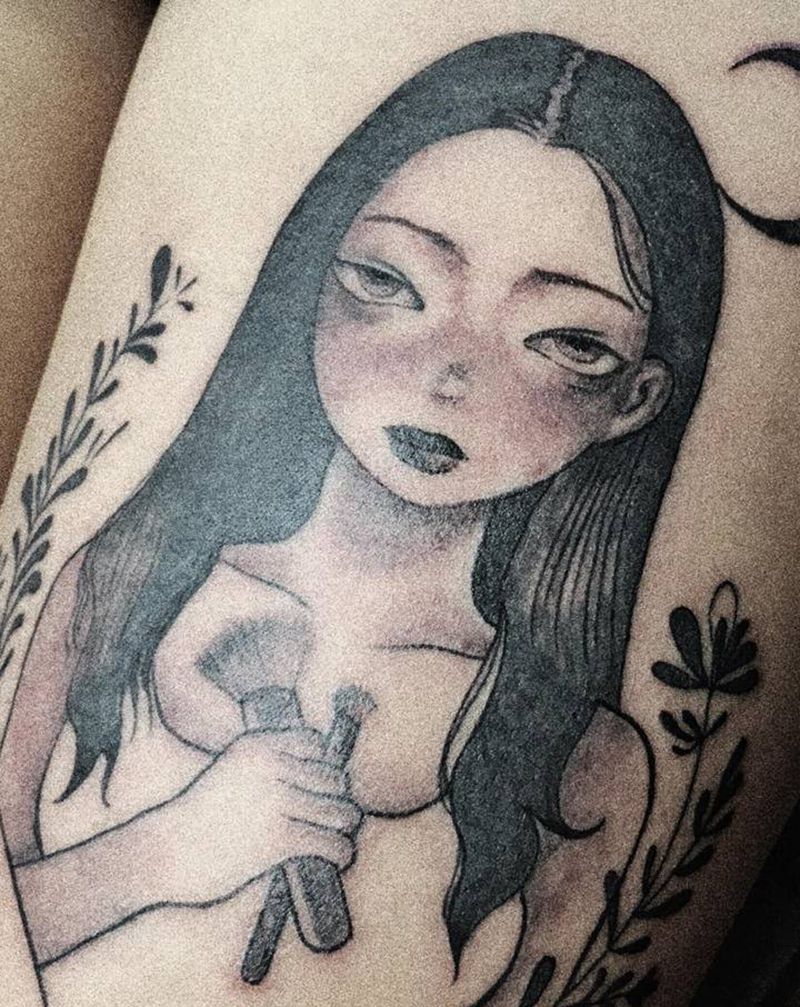 花与少女纹身图片_腿部纹身图案