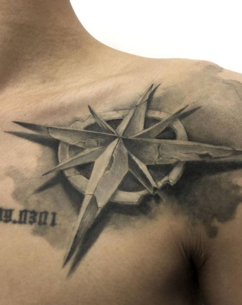 指南针 恢复后纹身图片_肩部欧美写实纹身图案