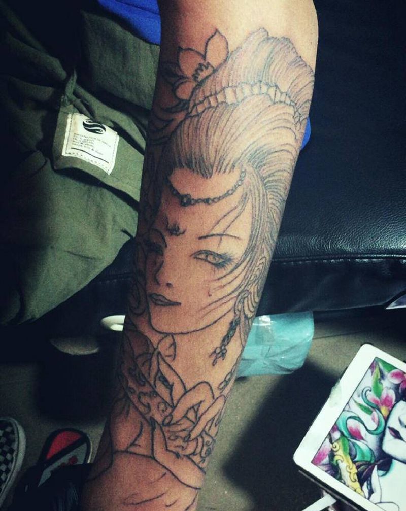 艺妓纹身图片_脚部颈部新传统纹身图案