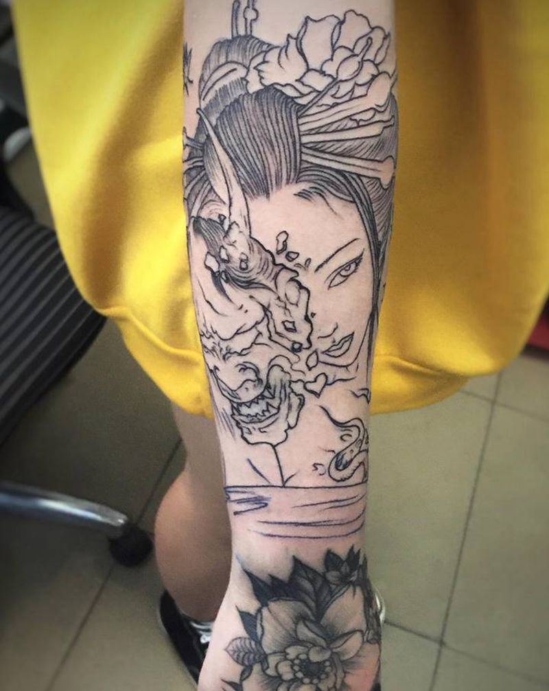 艺妓纹身图片_颈部腿部几何Old School纹身图案