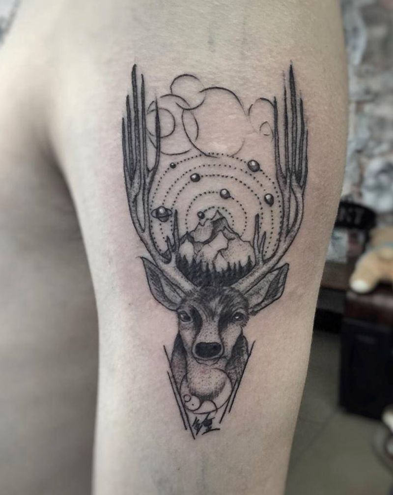 鹿头,纹了第二天就能找到女朋友纹身图片_颈部腿部水彩纹身图案