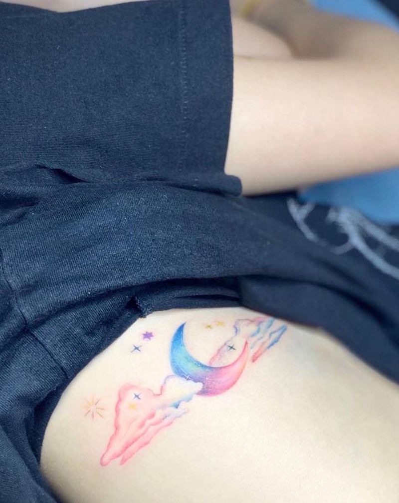 七彩☁️纹身图片_腰部水彩纹身图案