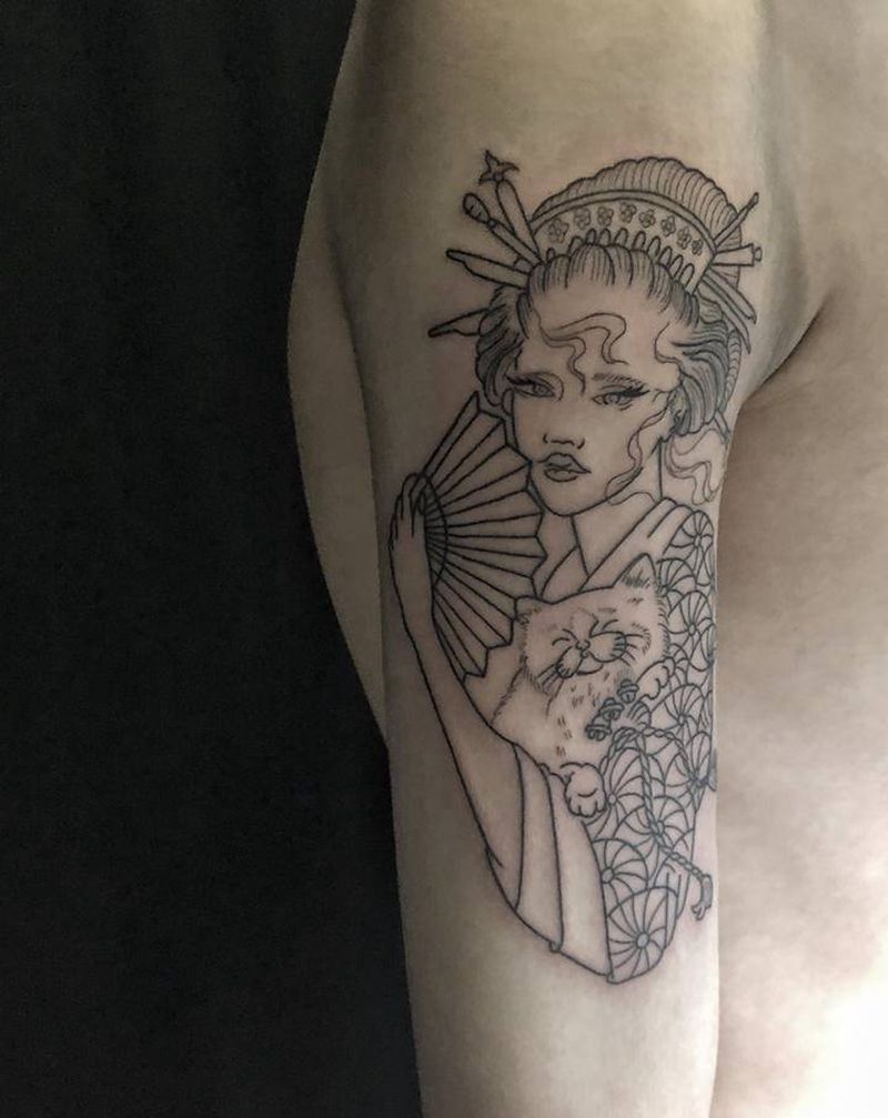 艺伎线条纹身图片_手臂新传统纹身图案