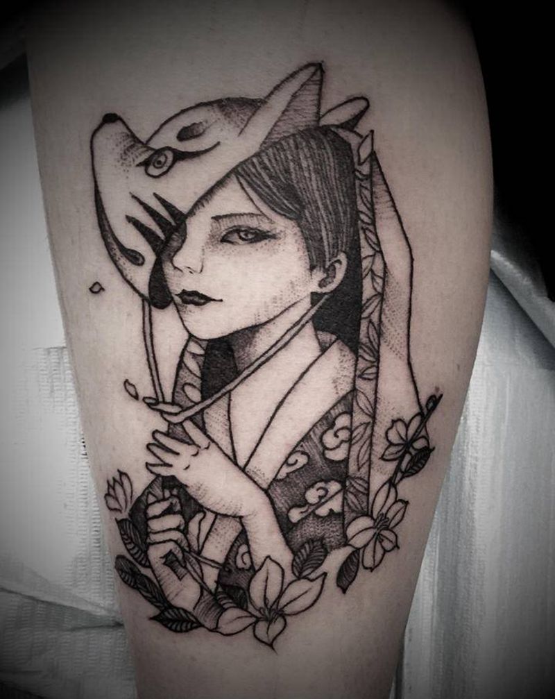 回头客最多的店，纹身不疼，爽歪纹身图片_背部颈部New School几何纹身图案