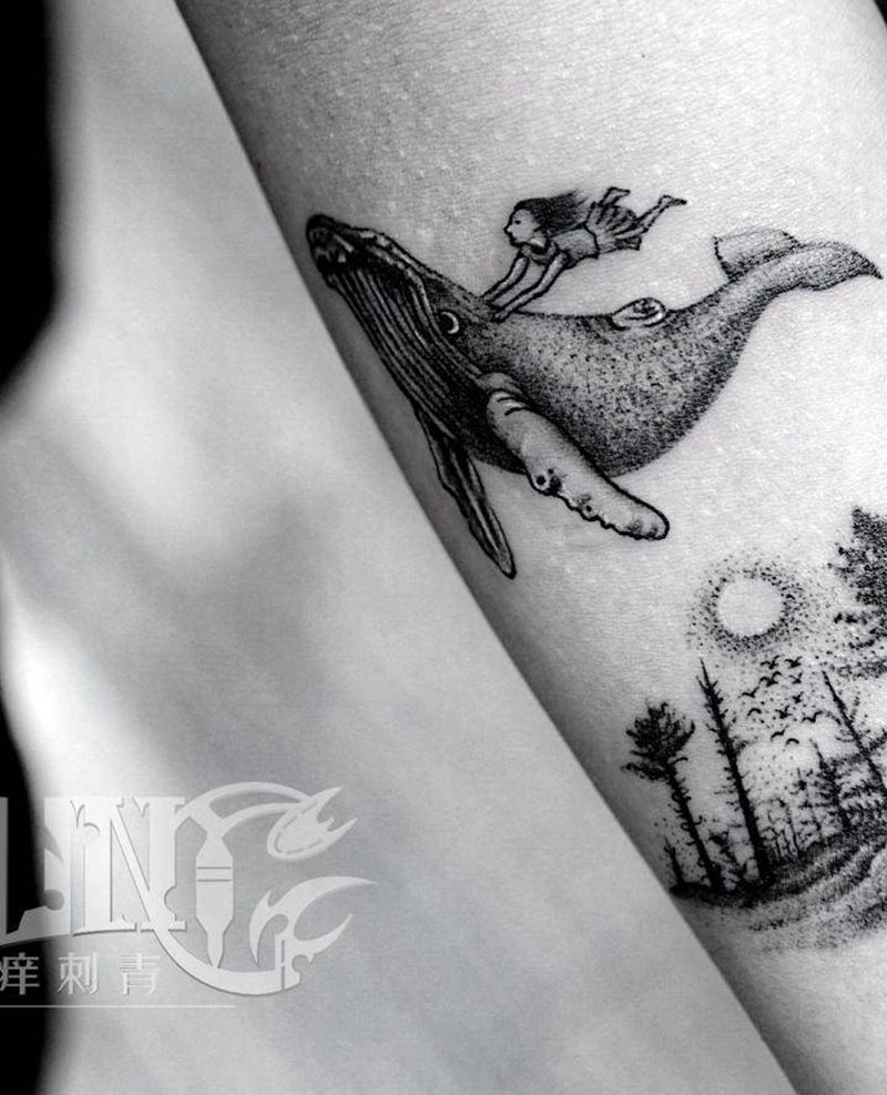 骑着鲸鱼离开纹身图片_手臂点刺鲸鱼纹身图案