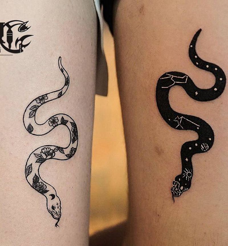 情侣纹身纹身图片_腿部欧美写实图腾蛇情侣纹身图案