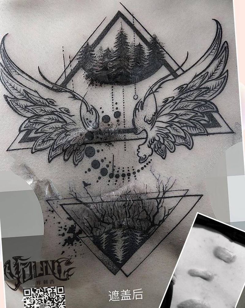 曲折的遮盖纹身图片_胸部欧美写实点刺遮盖胸口纹身图案