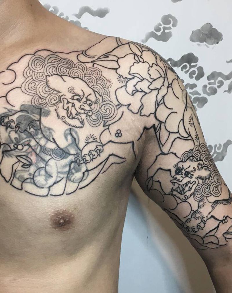 老传统唐狮半钾 遮盖纹身图片_胸部手臂老传统纹身图案