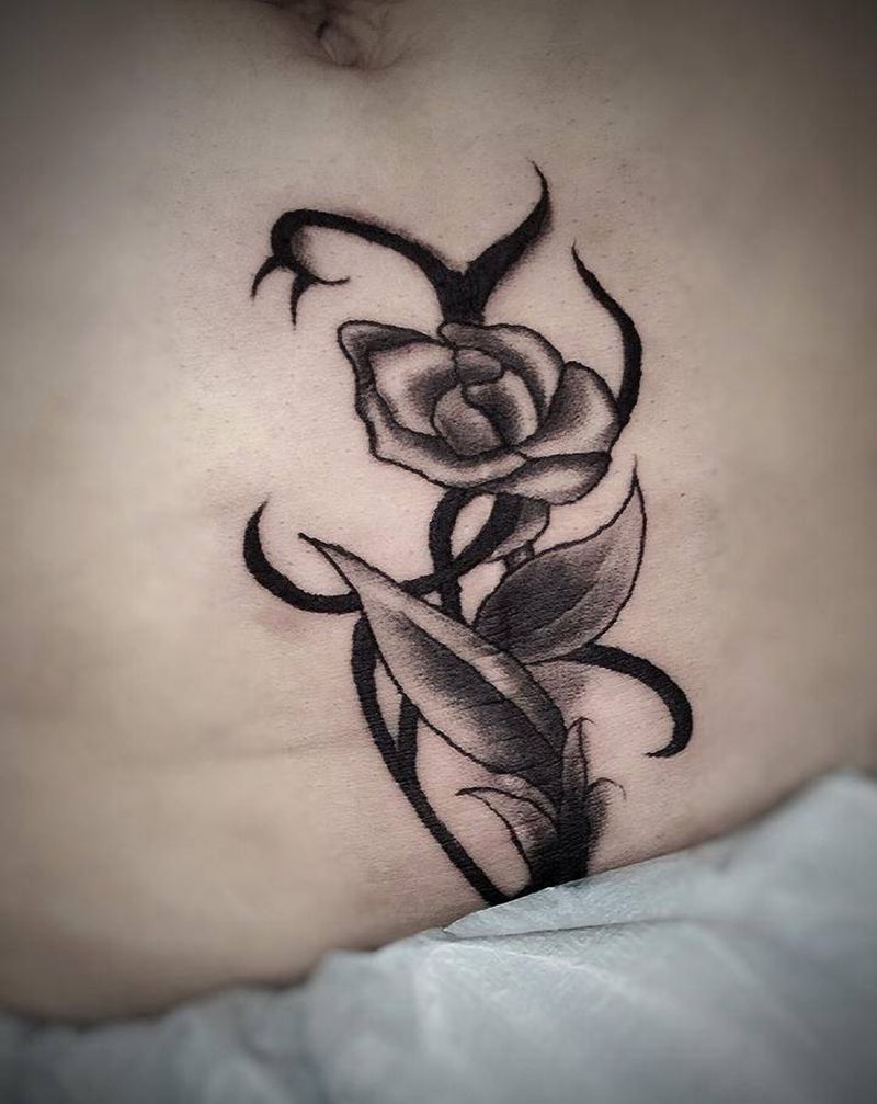 破腹产疤痕遮盖纹身图片_腿部New School纹身图案