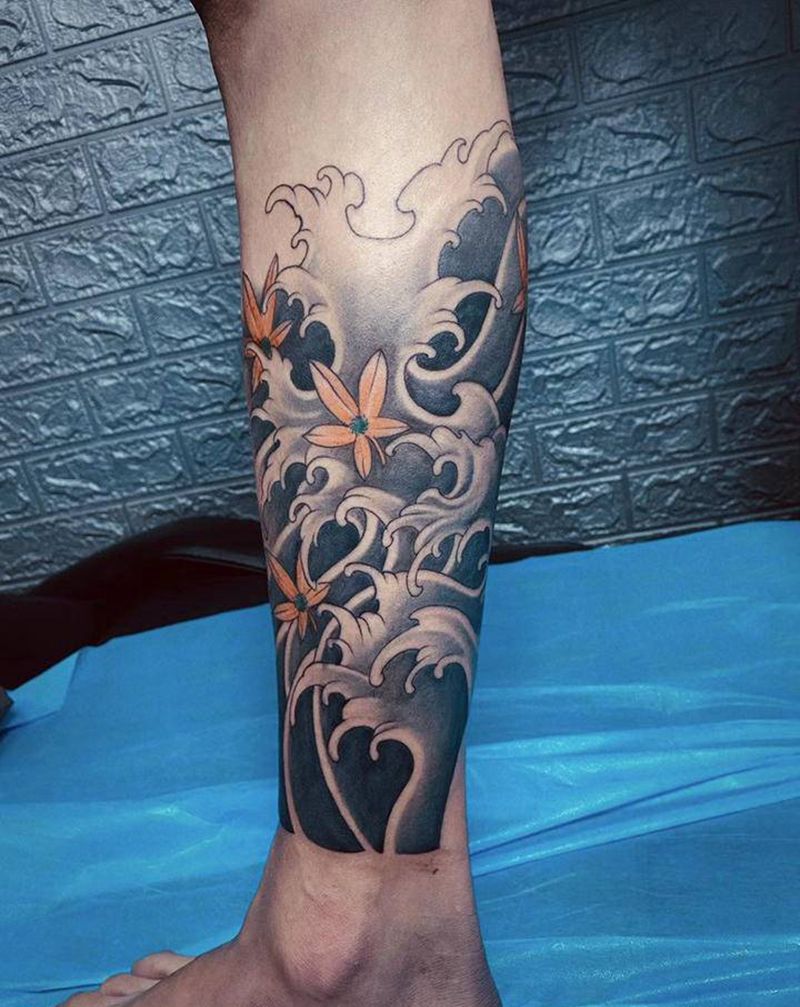 浪纹身图片_腿部纹身图案