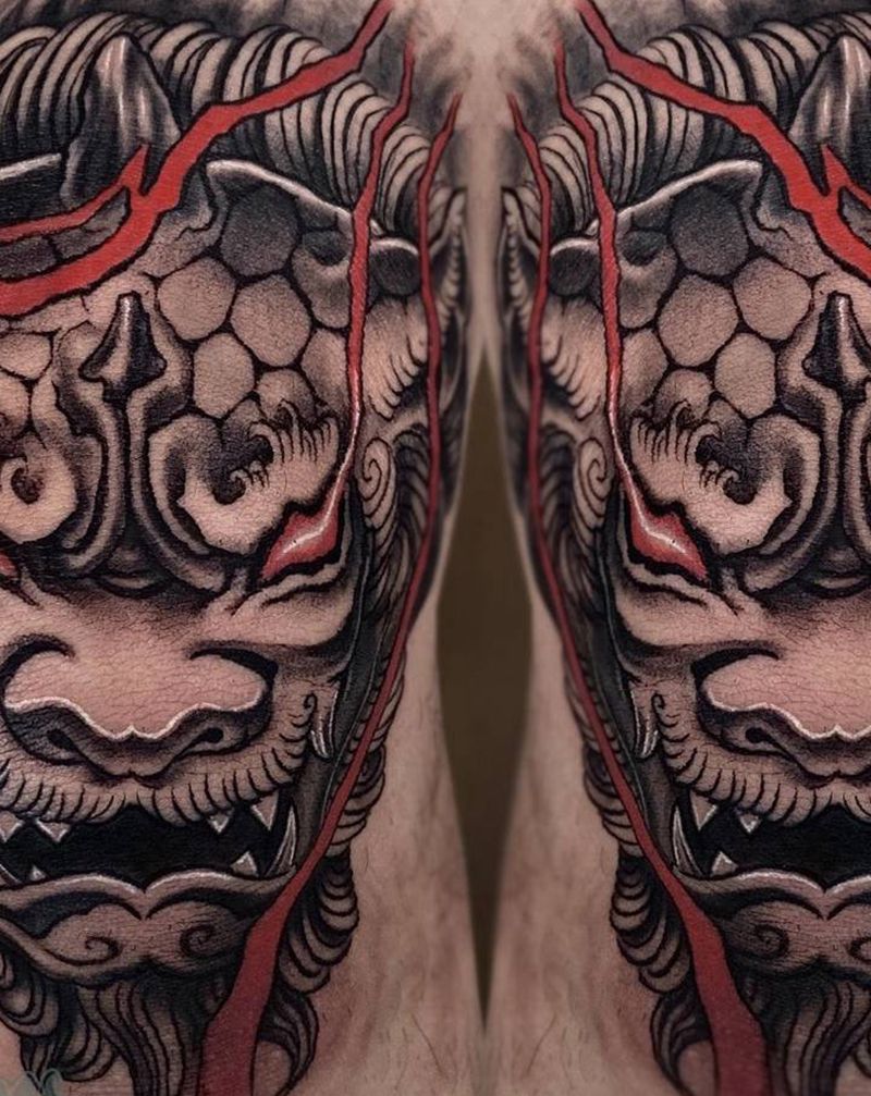 唐狮纹身图片_脚部新传统纹身图案