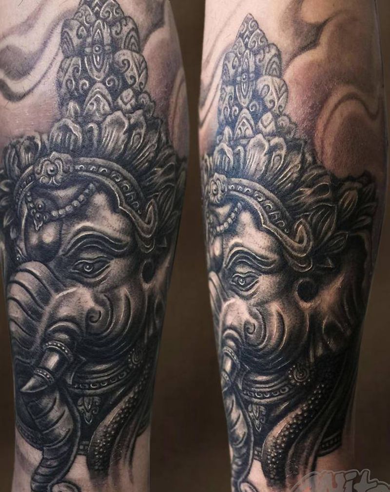 象神纹身图片_腿部新传统纹身图案