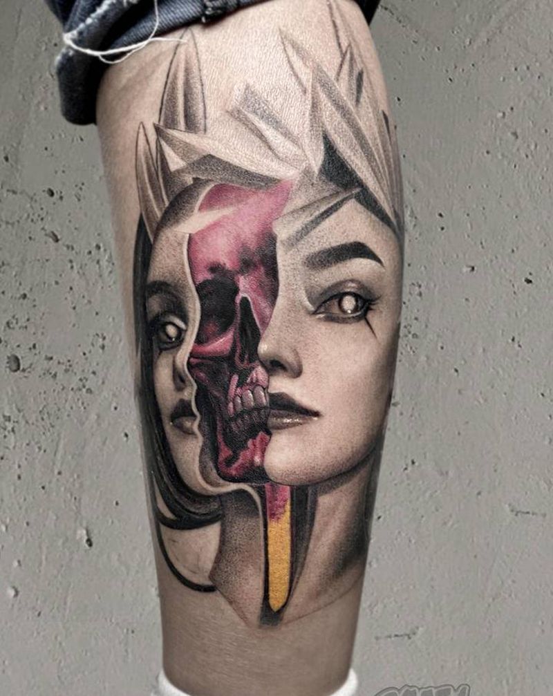 把脸打开纹身图片_腿部欧美写实纹身图案