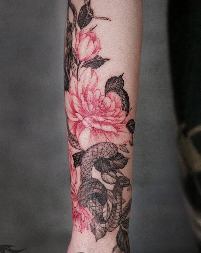 点刺花与蛇纹身图片_手部手臂点刺花蛇点刺纹身图案