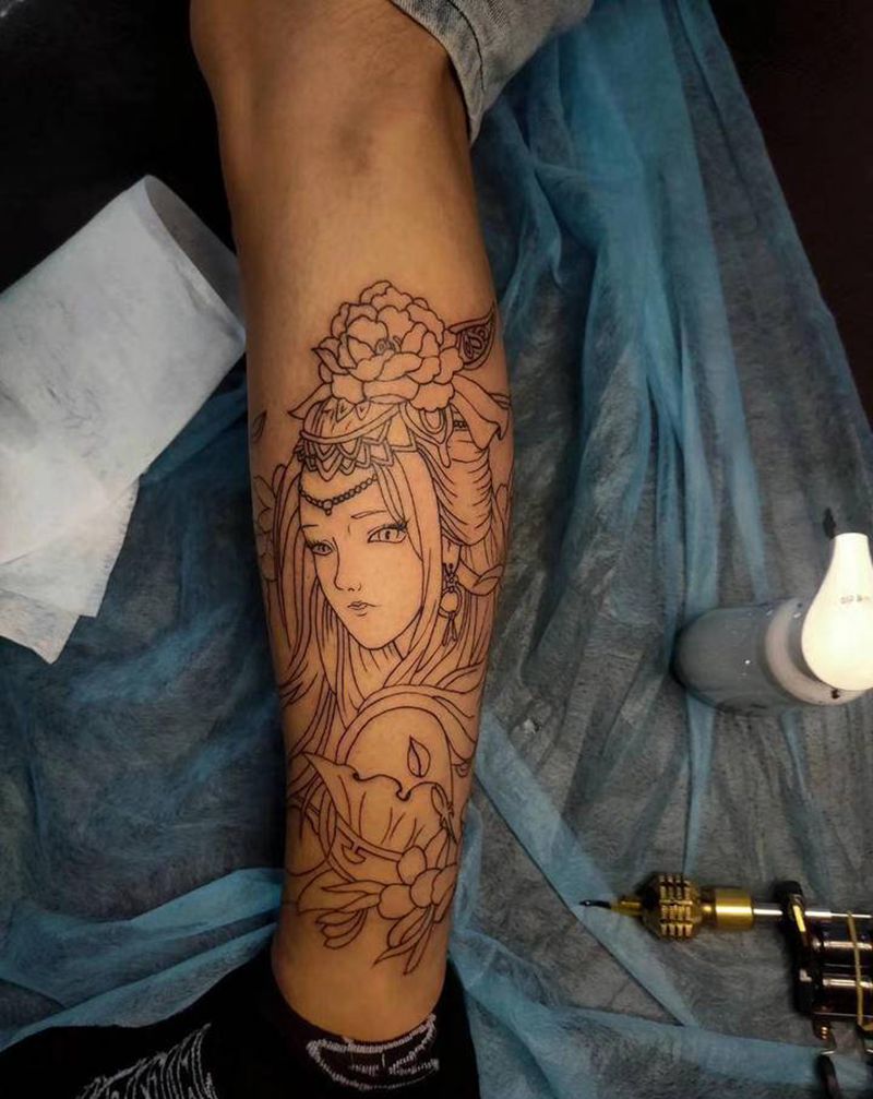 艺妓线条纹身图片_腿部脚部纹身图案