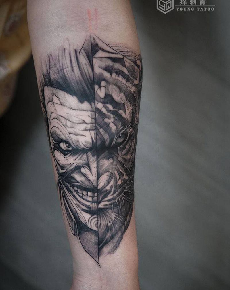 小丑纹身图片_手臂点刺小丑点刺暗黑纹身图案