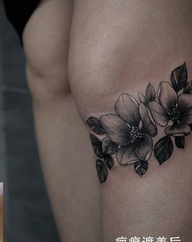 素花遮盖纹身图片_腿部点刺素花点刺遮盖纹身图案