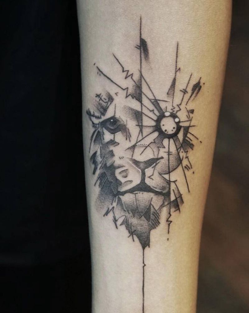 几何狮子纹身图片_手臂点刺几何纹身图案