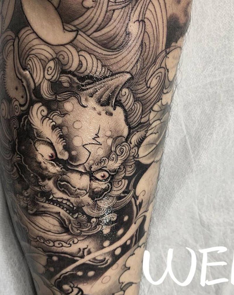 新传统唐狮子纹身图片_腿部脚部新传统唐狮纹身图案