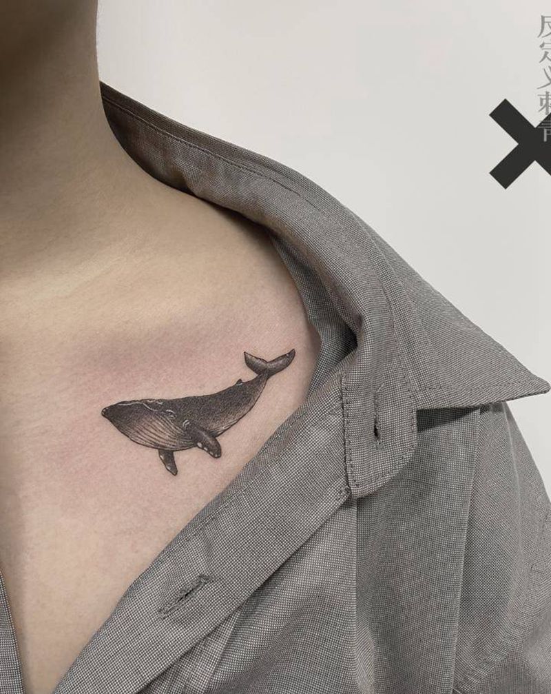 鲸鱼纹身图片_胸部点刺纹身图案