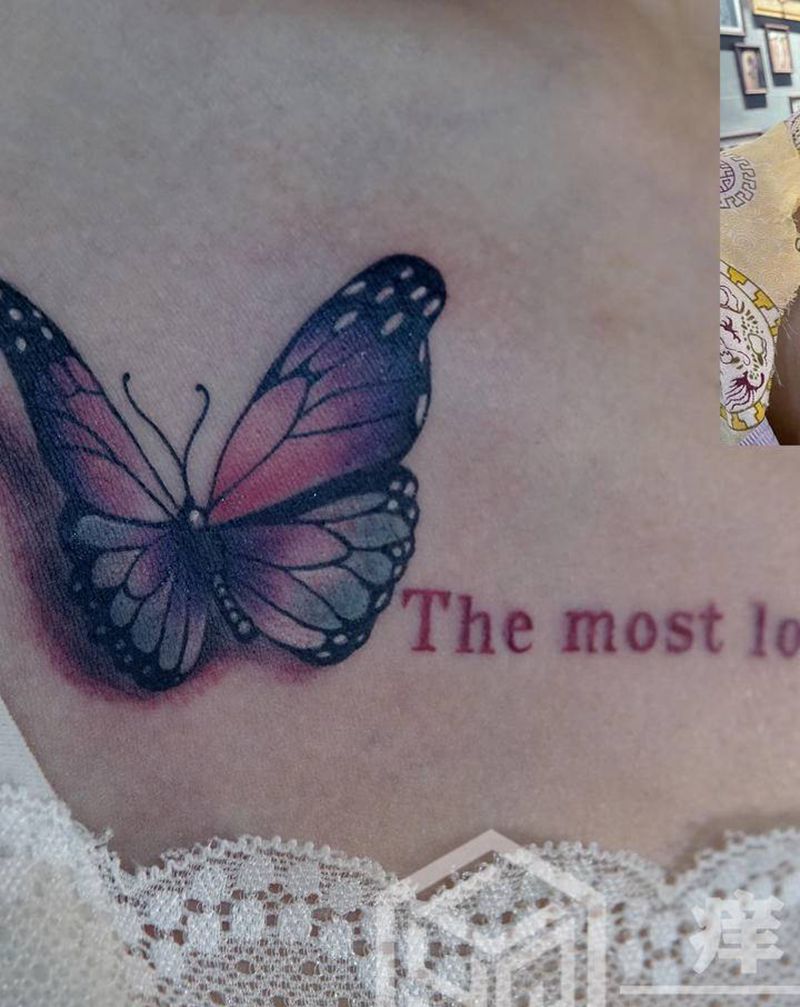 更改旧纹身纹身图片_胸部水彩蝴蝶英文改图纹身图案