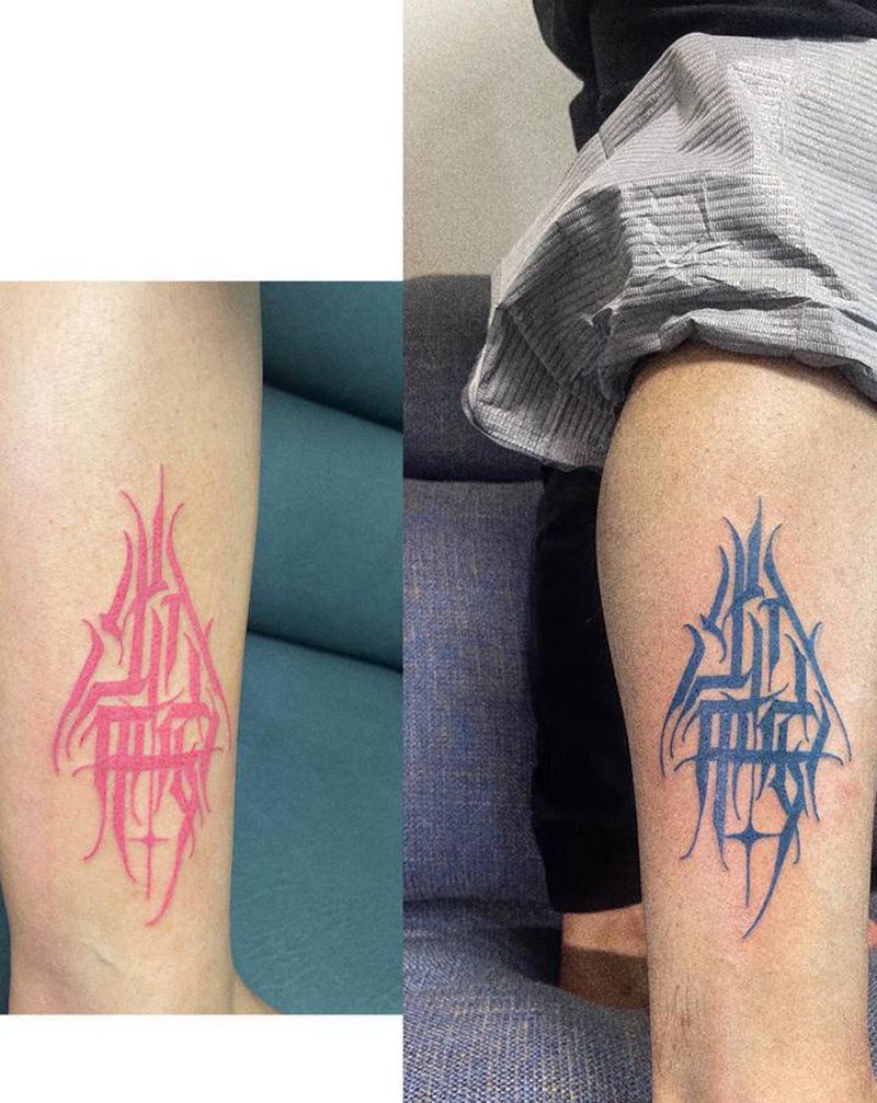 花体中文纹身图片_腿部New School花体字纹身图案