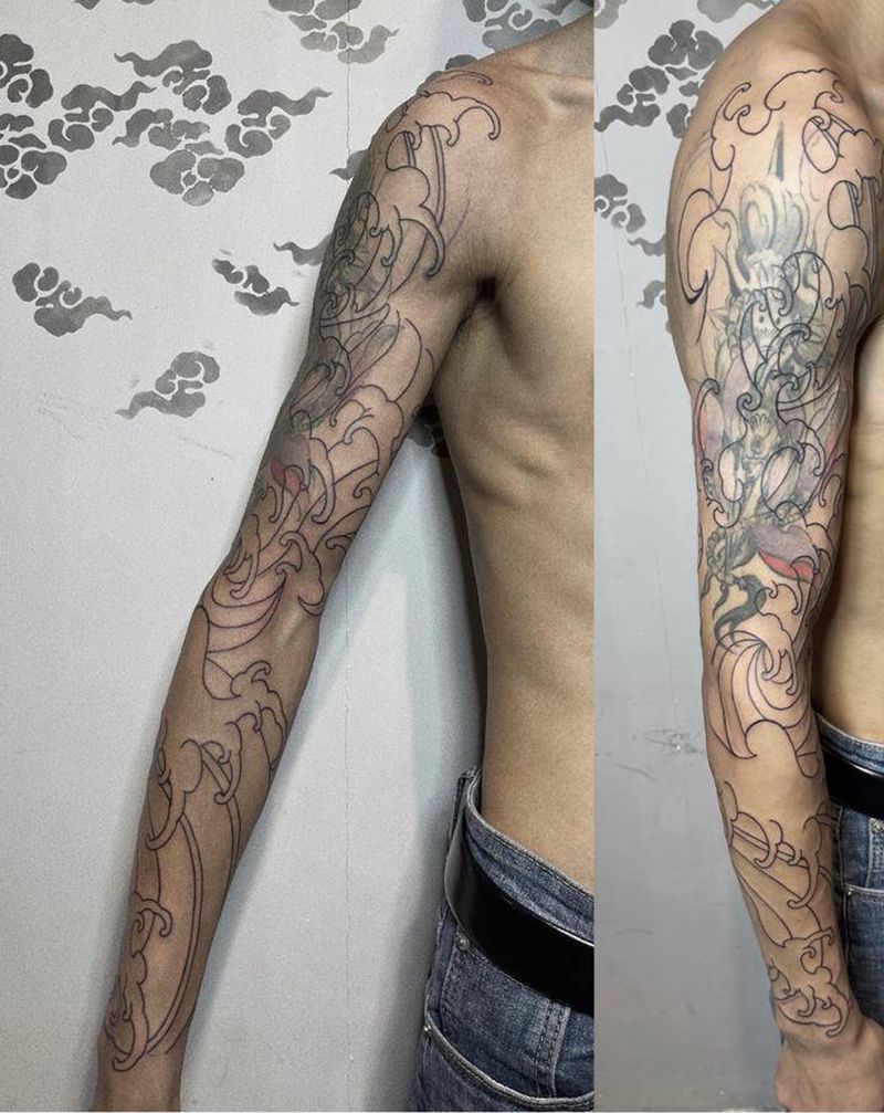 浪花 线条 新传统纹身图片_手臂新传统纹身图案