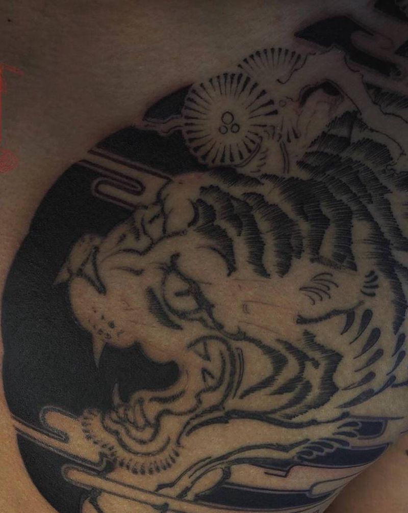 寒草藏烟虎纹身图片_胸部老传统松，虎，雾纹身图案