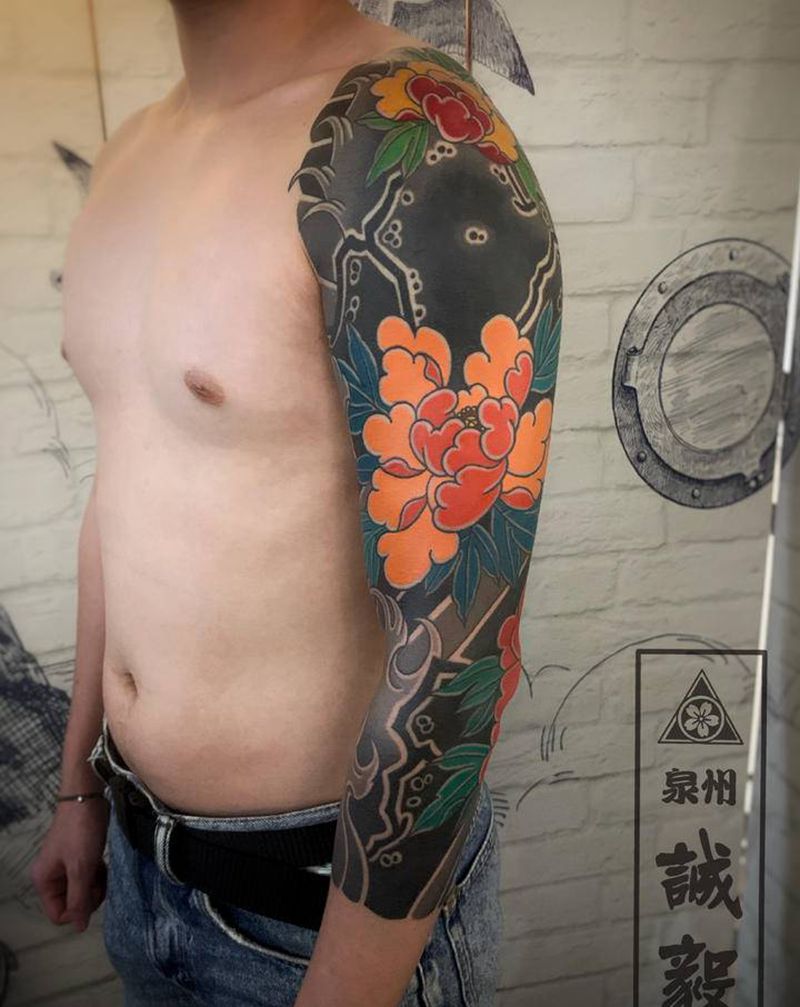 原创传统花臂，大臂部分遮盖旧纹纹身图片_手臂腿部新传统老传统纹身图案