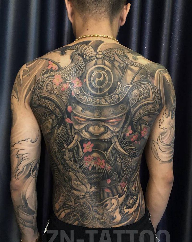 恢复好的鬼武士纹身图片_背部新传统纹身图案