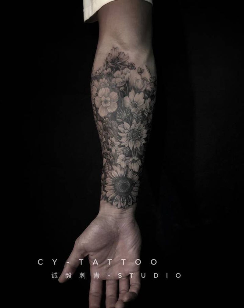 百花齐放纹身图片_手臂腿部欧美写实新传统花臂纹身图案