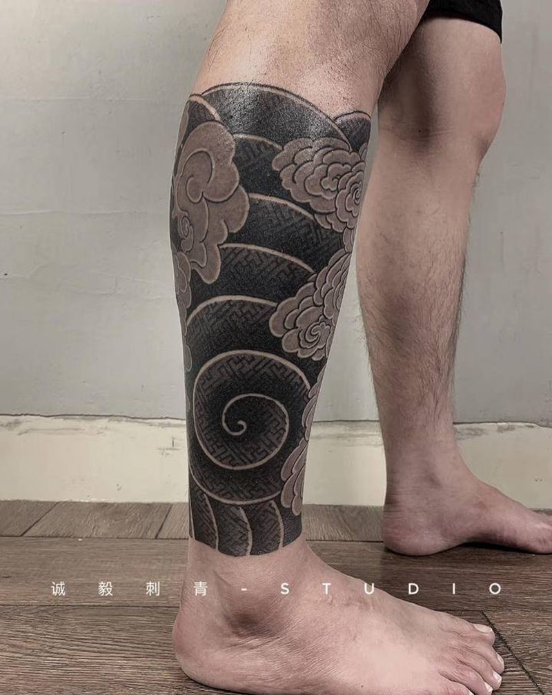 祥云包小腿纹身图片_手臂腿部老传统新传统纹身图案