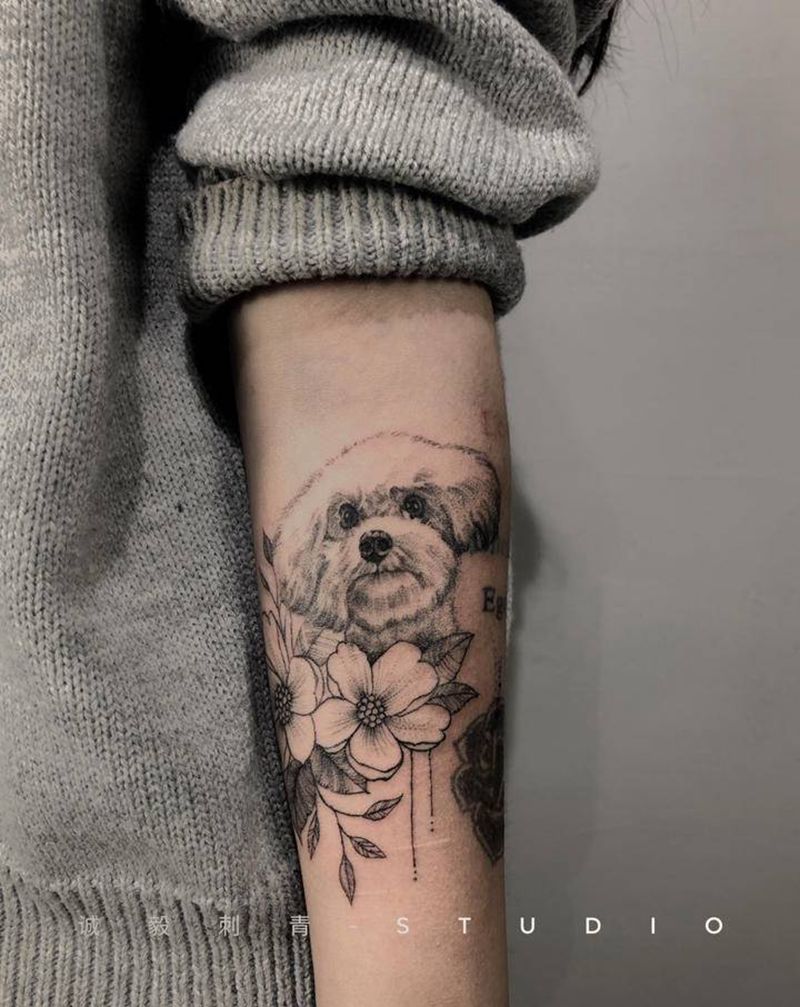 宠物狗狗纹身图片_手臂腿部欧美写实New School纹身图案