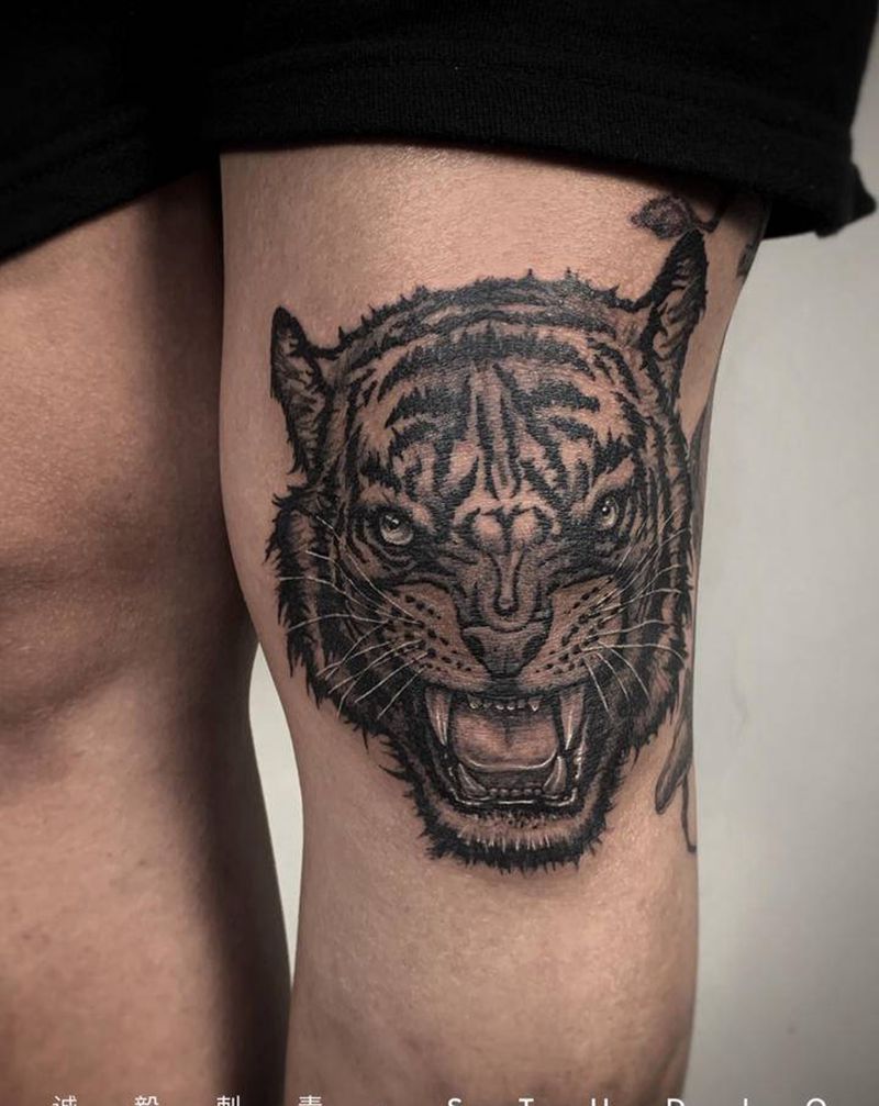 膝盖老虎纹身图片_腿部手臂欧美写实新传统纹身图案