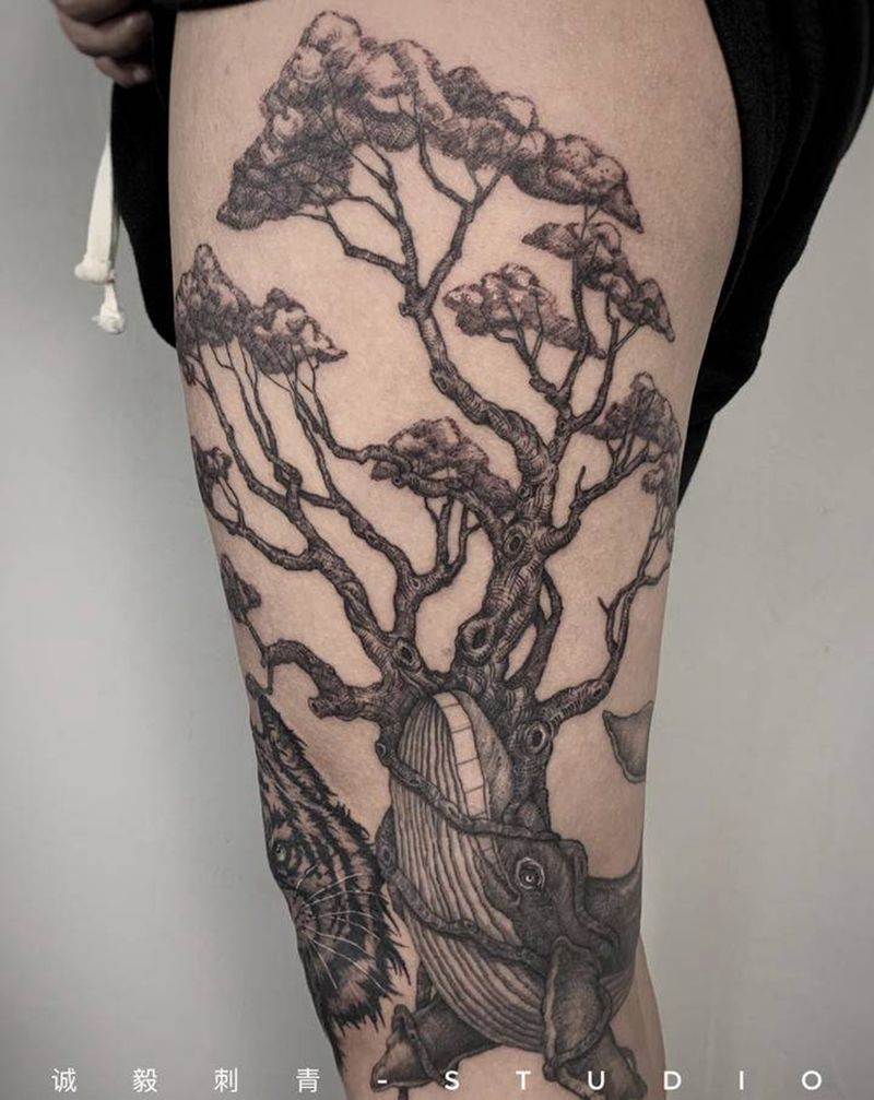 鲸鱼树纹身图片_腿部手臂欧美写实New School纹身图案