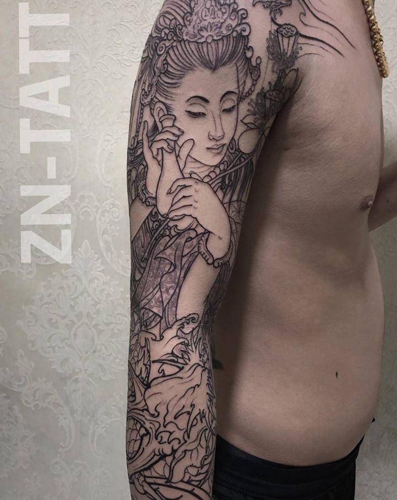 新传统观音未完纹身图片_手臂新传统纹身图案