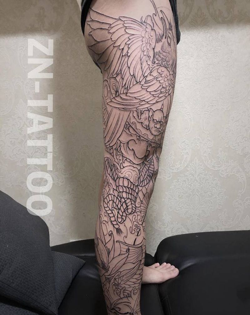 花腿线纹身图片_腿部新传统纹身图案