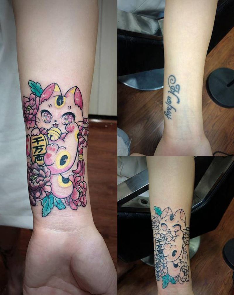 遮盖作品纹身图片_手臂欧美写实招财猫纹身图案