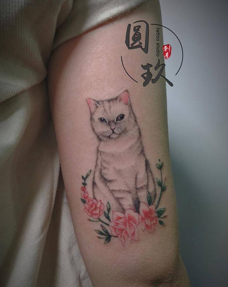 小清新猫咪纹身图片_手臂点刺纹身图案