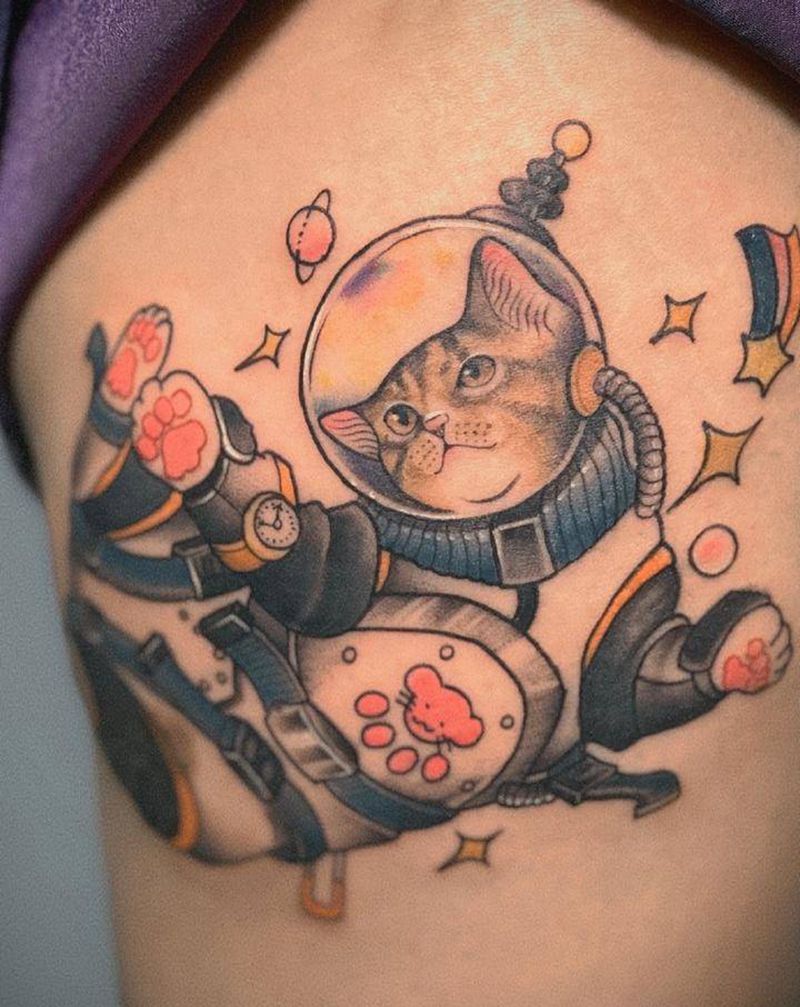 New school猫咪纹身图片_腿部New School纹身图案