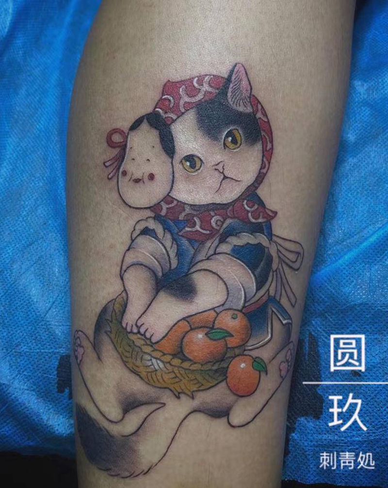 Newschool猫咪纹身图片_腿部New School纹身图案