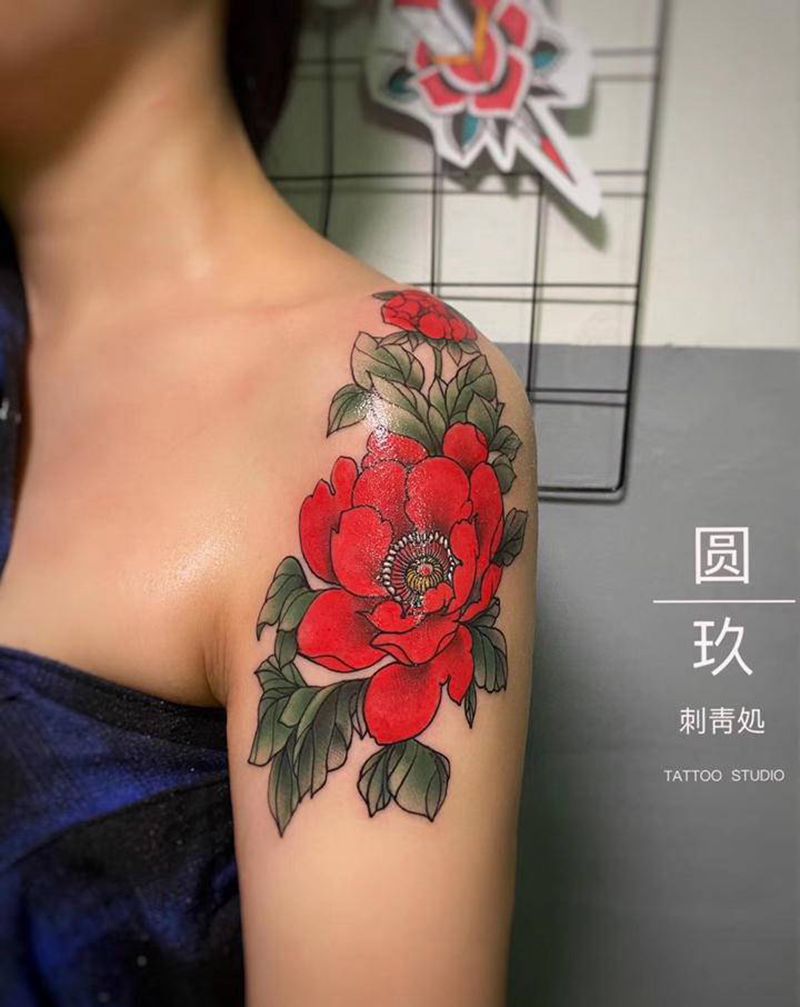 娇艳欲滴牡丹花纹身图片_手臂New School纹身图案