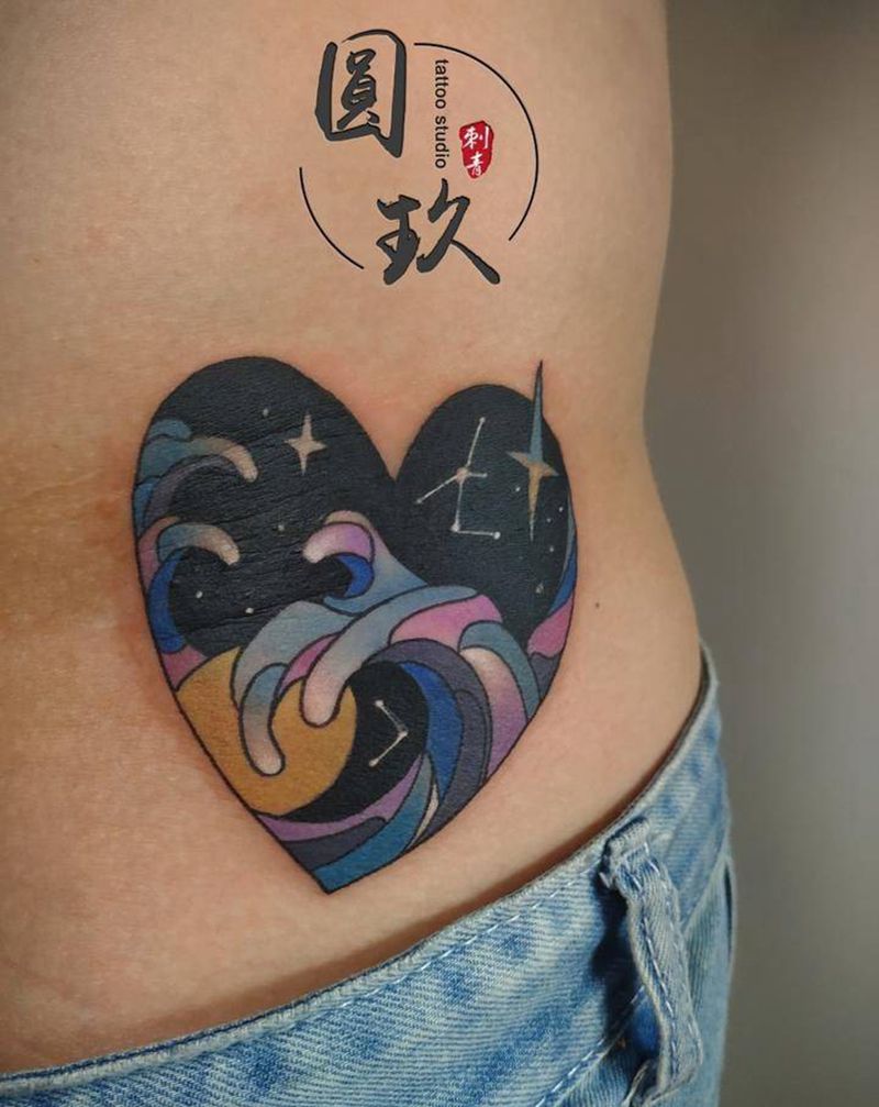 水浪纹身图片_腰部New School纹身图案