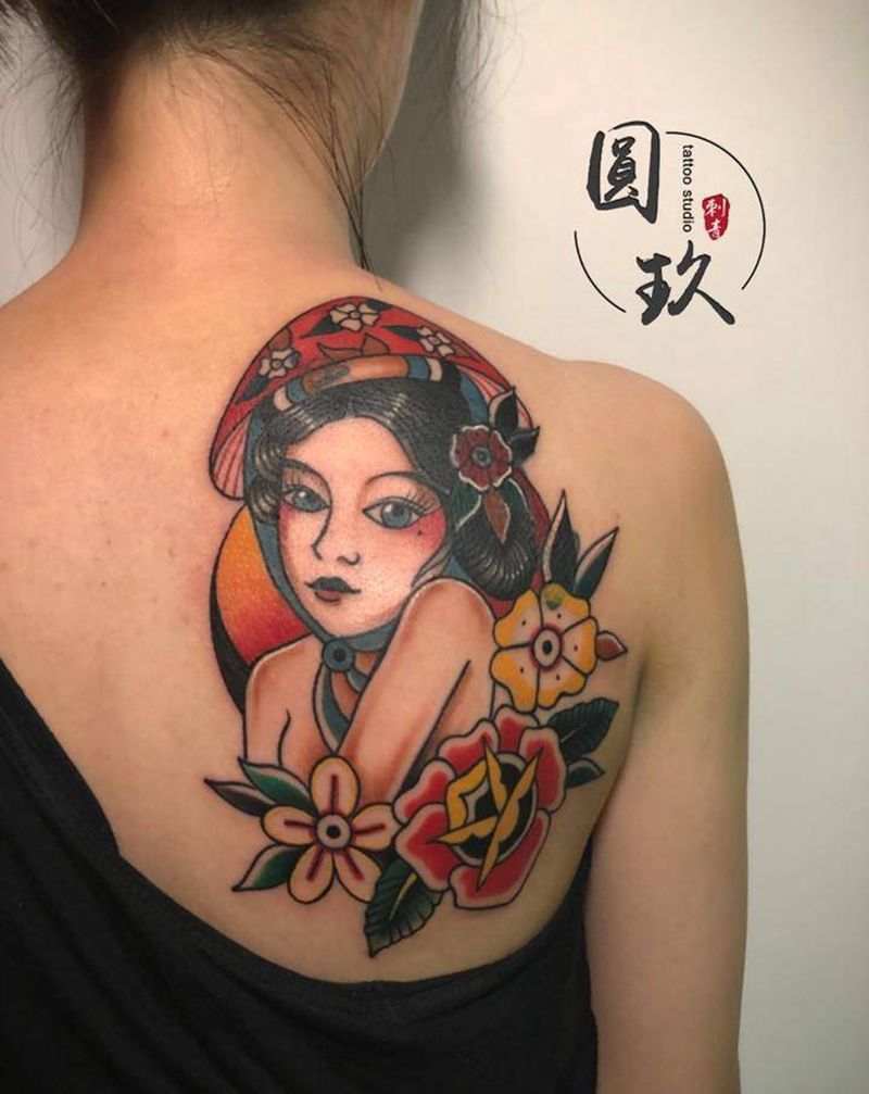 遮盖纹身图片_背部肩部Old School纹身图案