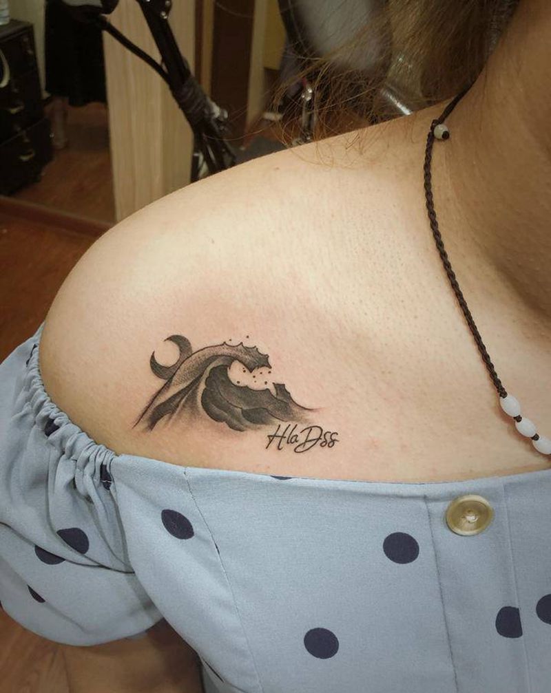 山水情侣纹身纹身图片_胸部新传统纹身图案