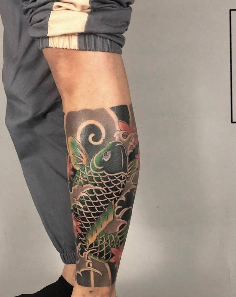 传统锦鲤纹身图片_手臂腿部老传统Old School纹身图案
