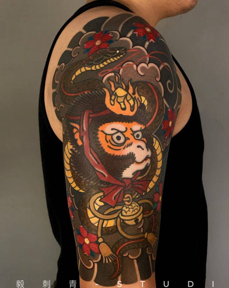 生肖纹身猴、蛇纹身图片_手臂肩部老传统新传统纹身图案