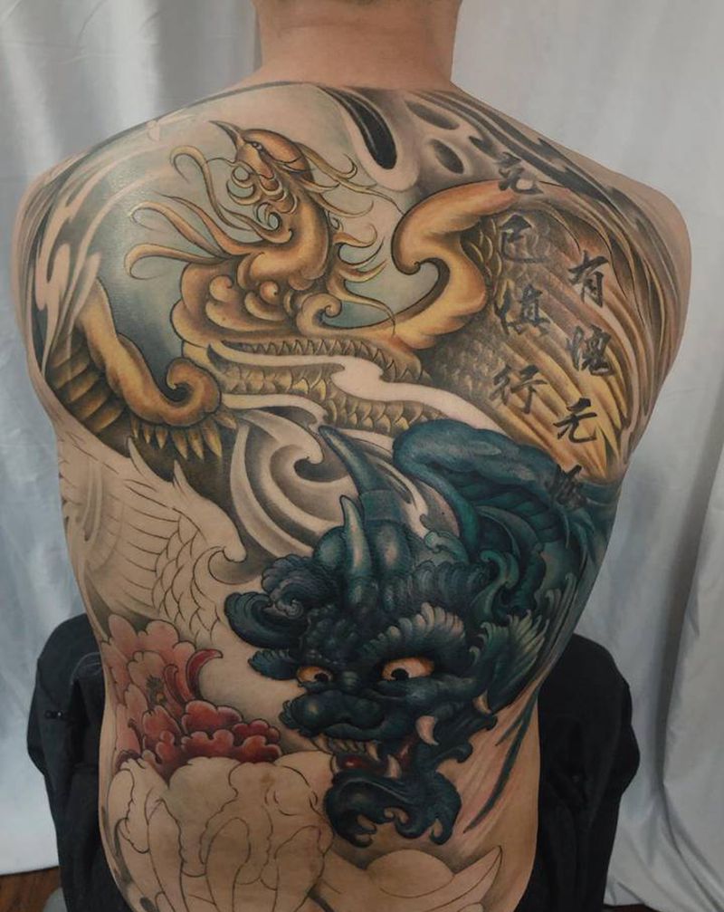 满背作品（未完待续）纹身图片_背部新传统满背貔貅满背凤凰纹身图案