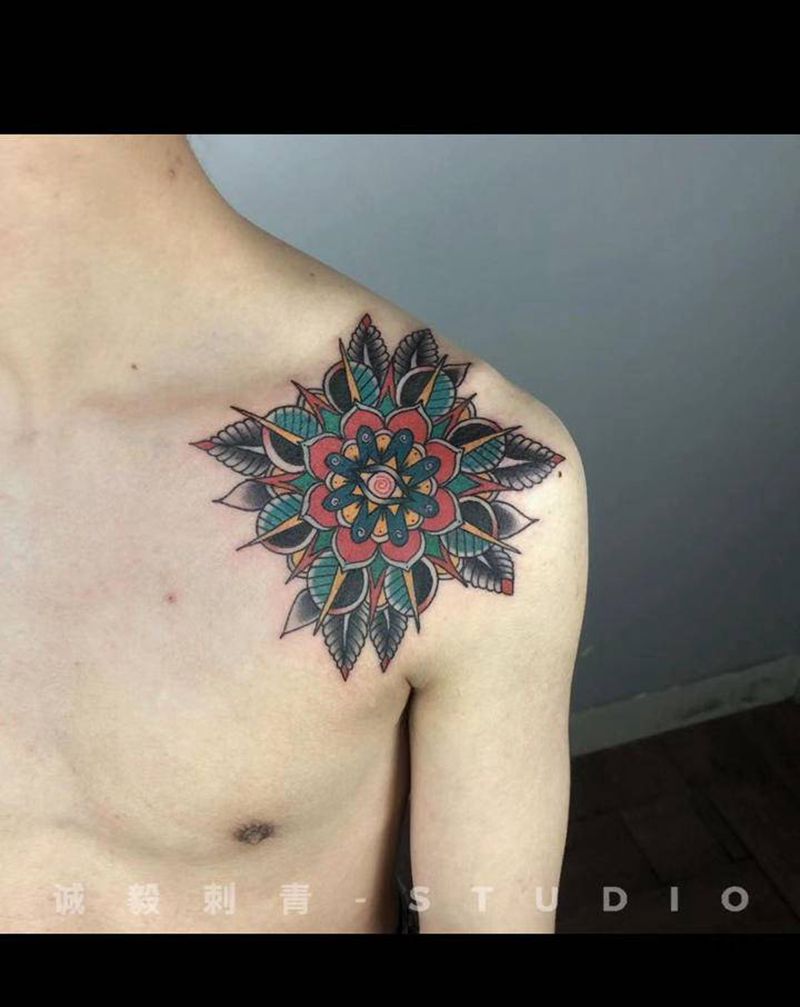 肩花纹身图片_胸部手臂Old SchoolNew School纹身图案